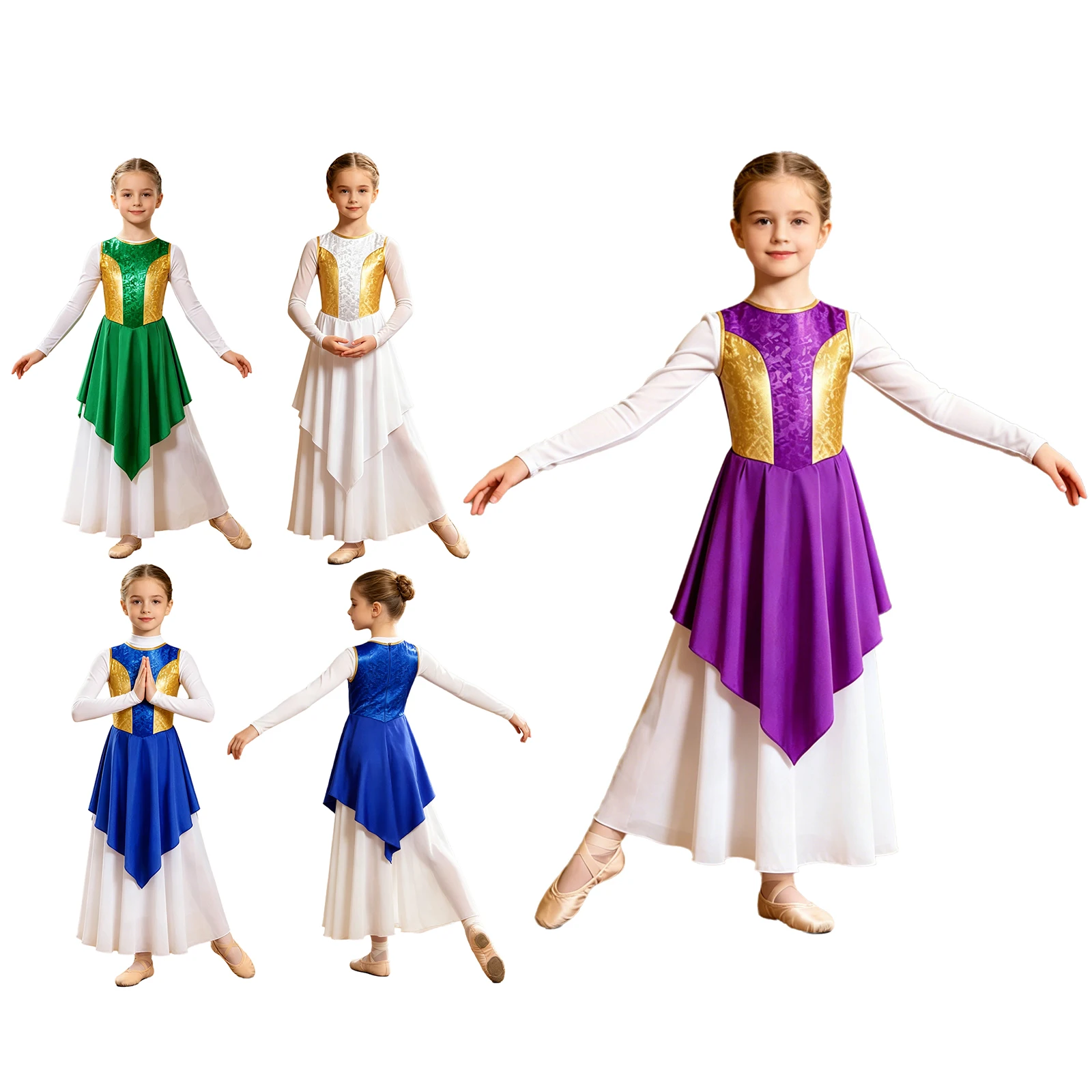 Kids Girls Praise Liturgical Lyrical Dance Tunic Dress Church Choir Worship Costume Sleeveless Metallic Shiny Bodice Dresses - view 5