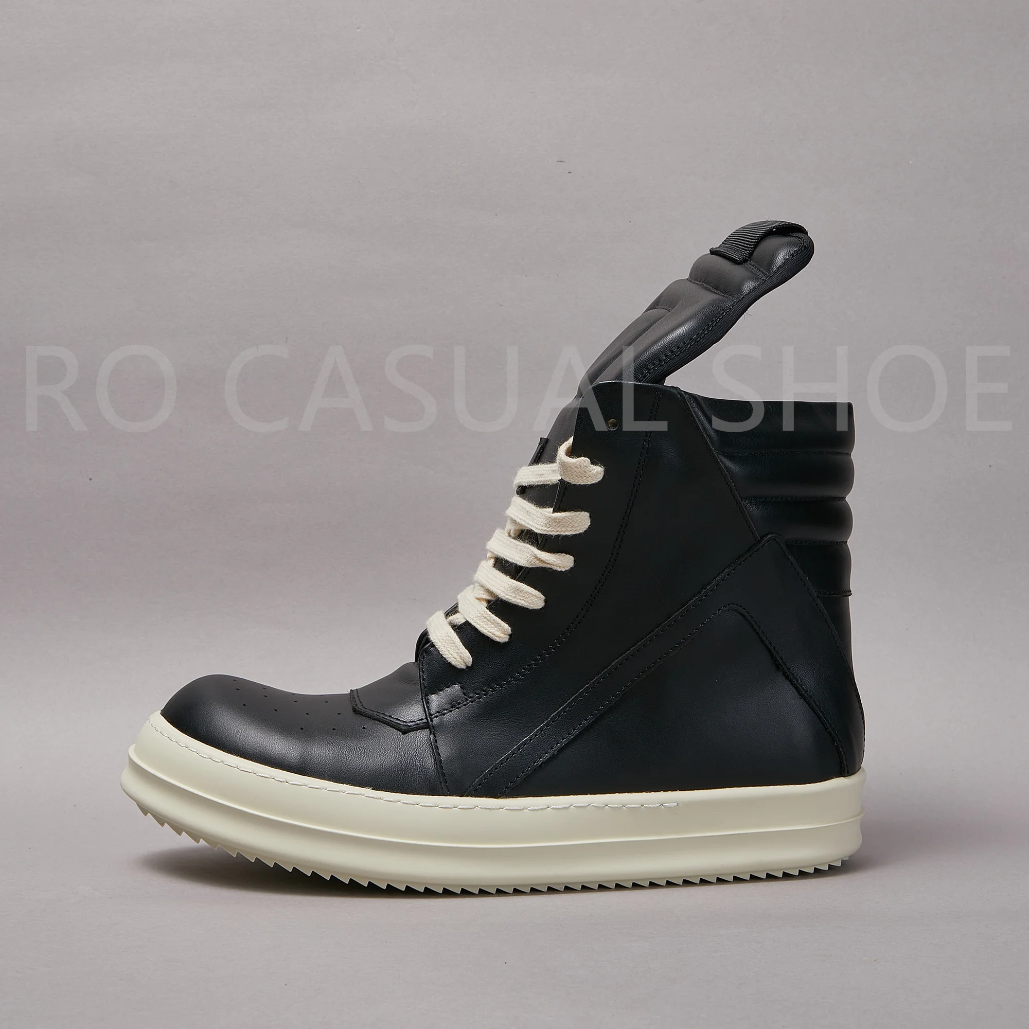 

Ricks Genious Black Leather High Top Geobasket Owens Quality Men Shoe Zipper Women Sneaker Casual Owens Design boots & Shoes