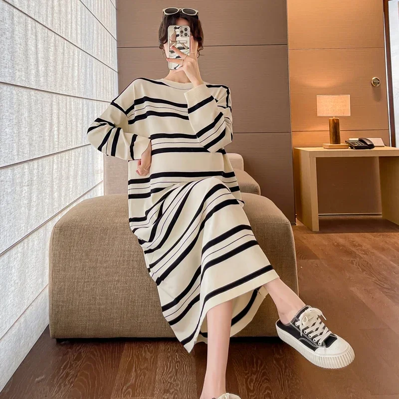 1056# 2023 Autumn Winter Strip Knitted Maternity Long Dress Oversize Loose Straight Clothes for Pregnant Women Casual Pregnancy