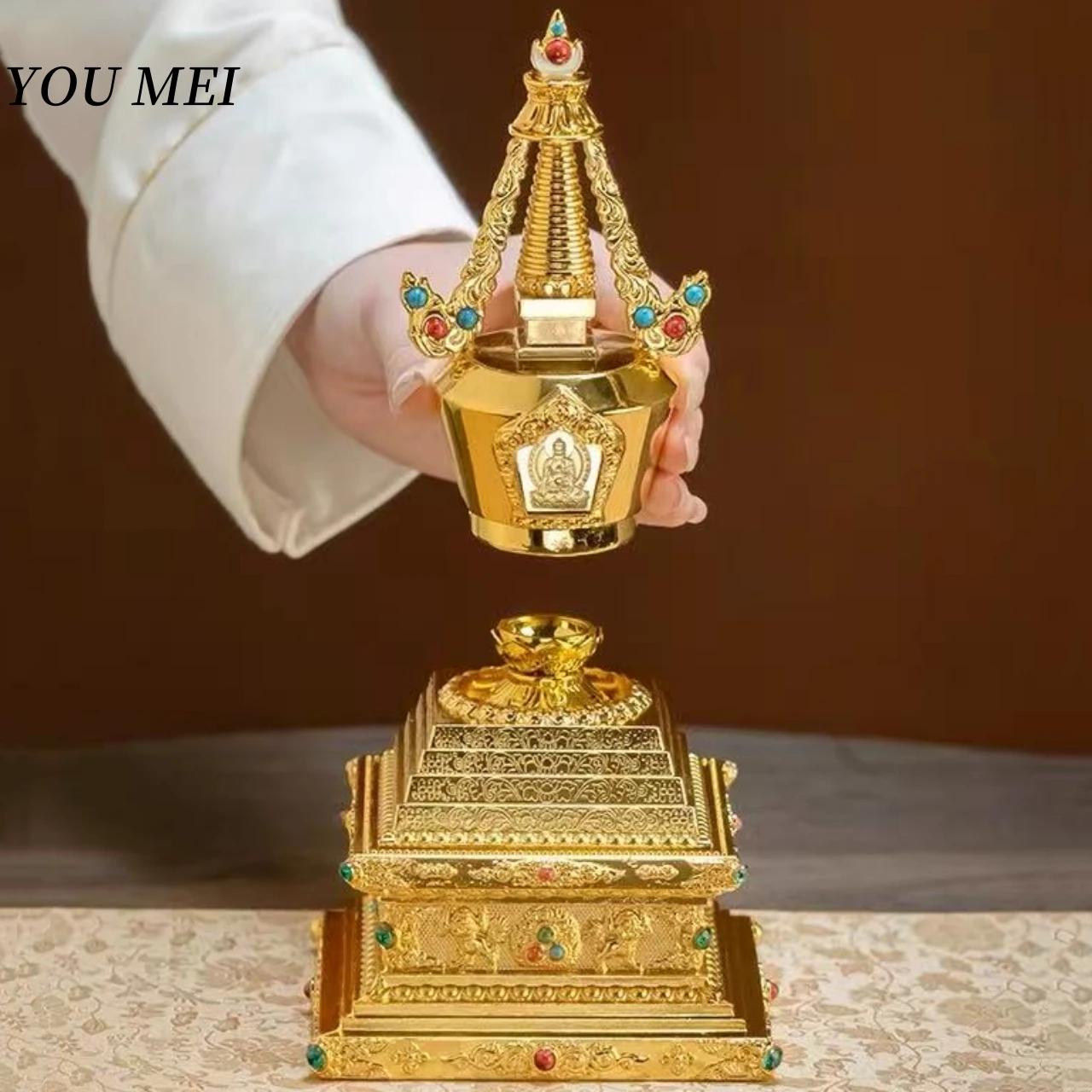 

Multiple Sizes Buddhist Relics Pagoda,Engraving Inlaid Gem Alloy Double-Layer Tower,Tibetan Altars Stupa,Buddhist Item Religious