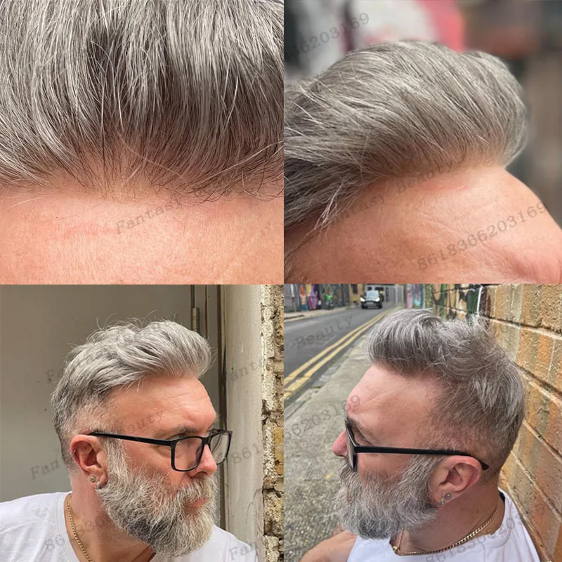 

Натуральная линия роста волос # 1B80 черный, серый, парики старика, 100% человеческие волосы, мужской парик, 0,1 мм, инъекционная основа из искусственной кожи, шиньоны, система протезов