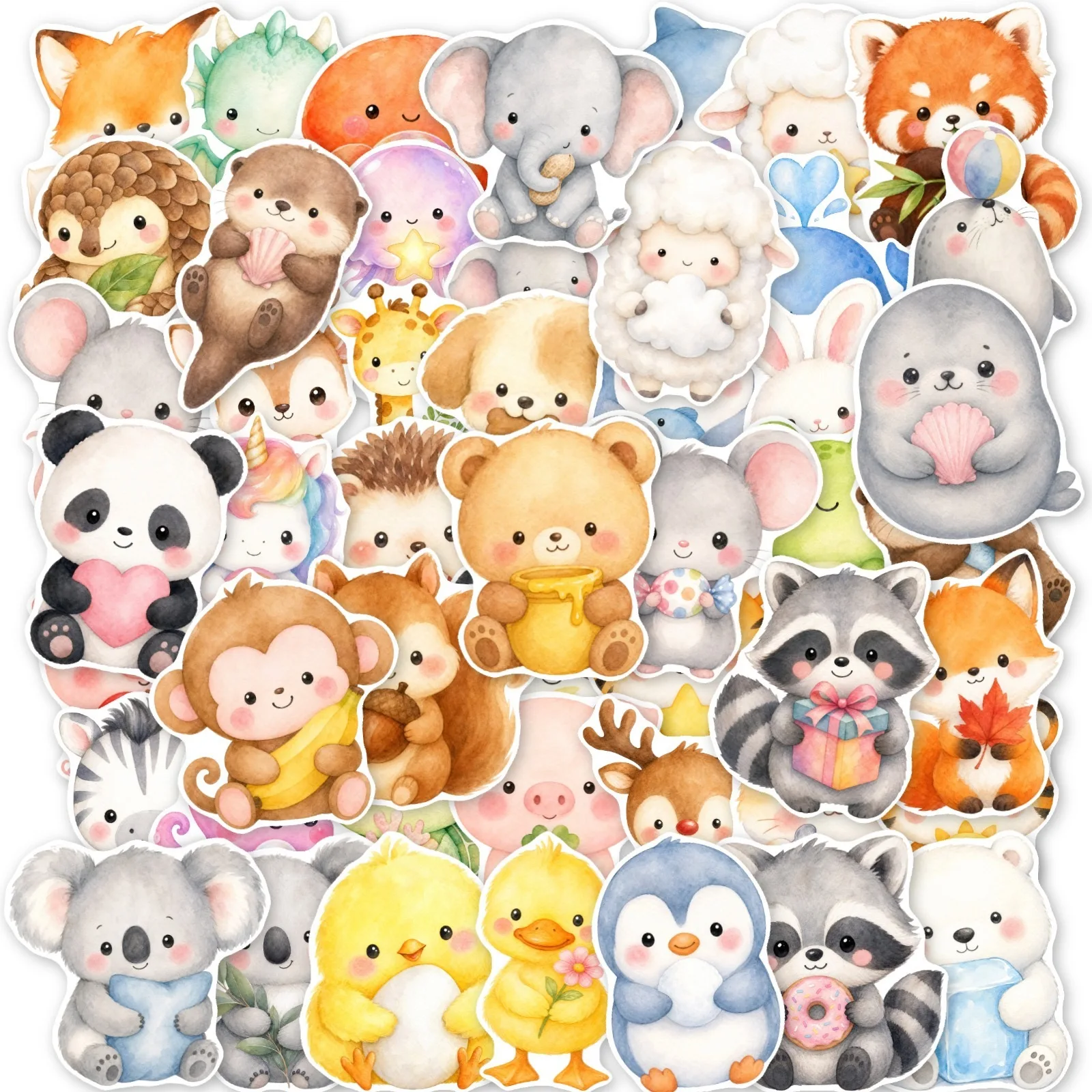 50 PCS Watercolor Style Cute Animal Stickers Cartoon Cute Hand Account Decorate Notebook Phone Case Removable Decals
