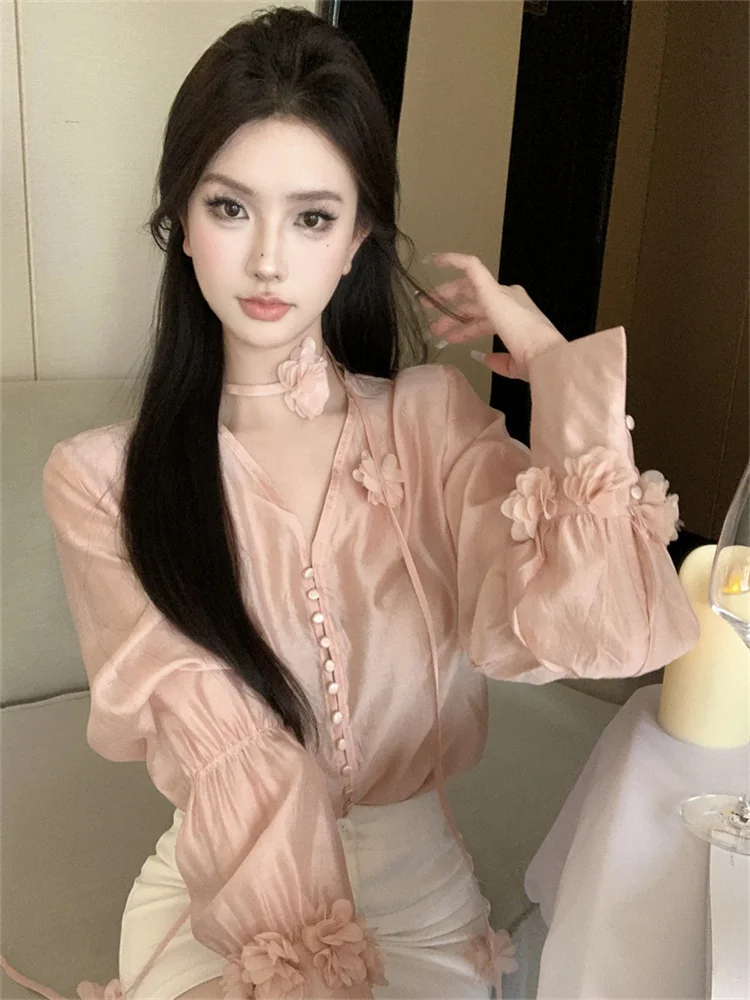 

Fairy Summer Blouses for Women 2023 New French Fashion V-neck 3D Flower Thin Shirts Women's Wear Vetement Femme Chic Elegant