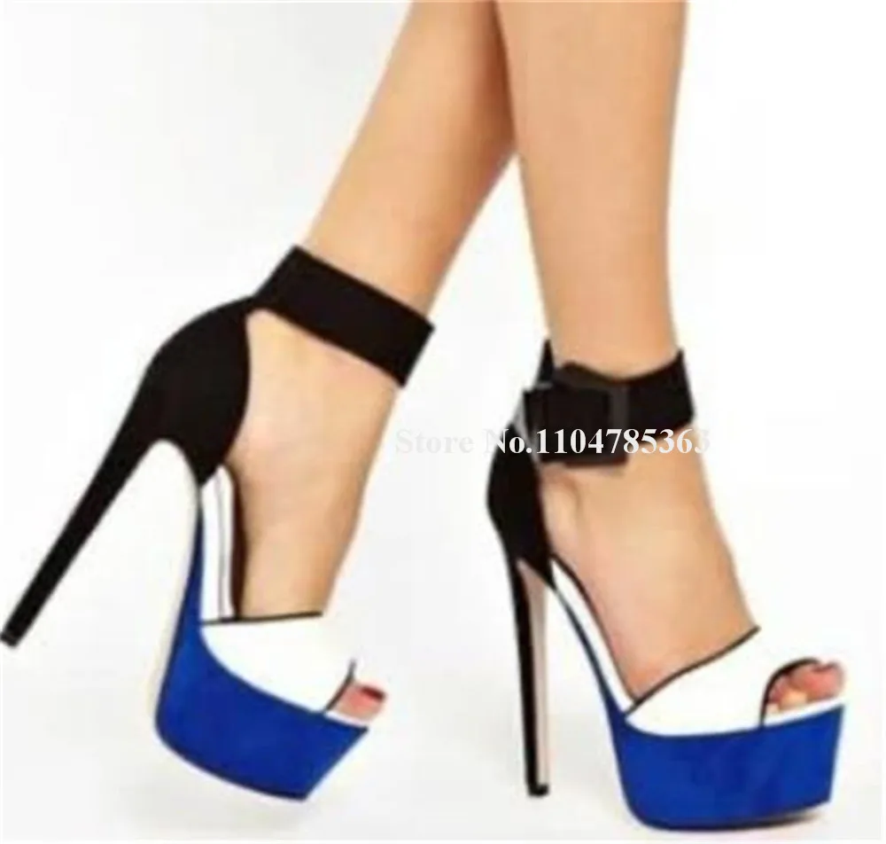 

Elegant White Blue Stiletto Heel Sandals Sexy Peep Toe Patchwork Suede High Platform Thin Heel Ankle Straps Party Heels