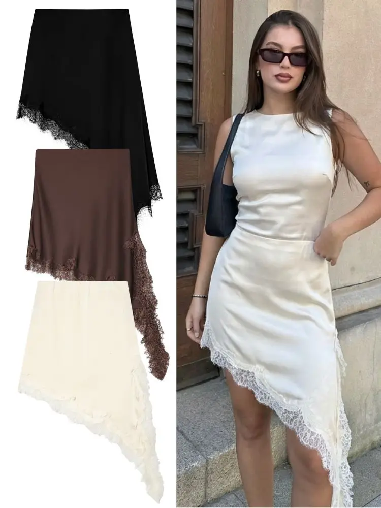 

HH Spring Fashion Women Sexy Asymmetrical Satin Lace Skirt Summer Elegant Female Solid Patchwork High Street Holiday Party Skirt