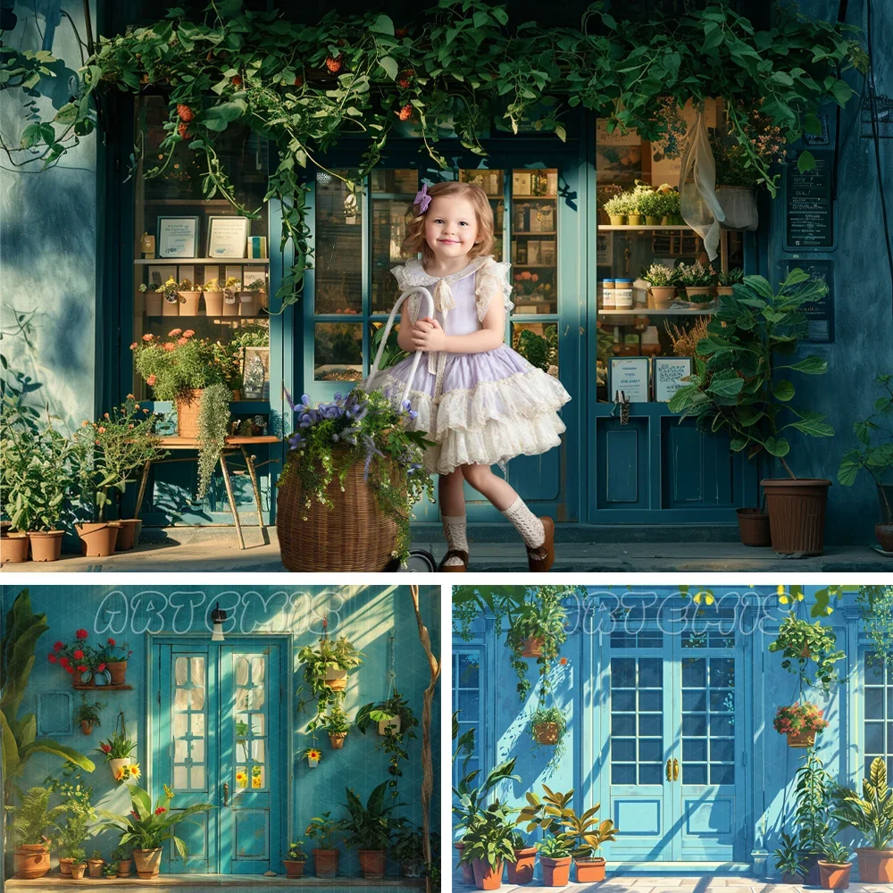 

Spring Photography Backdrop Blue Wooden Wall Window Greenery Baby Shower Cake Smash Birthday Portrait Background Photo Studio