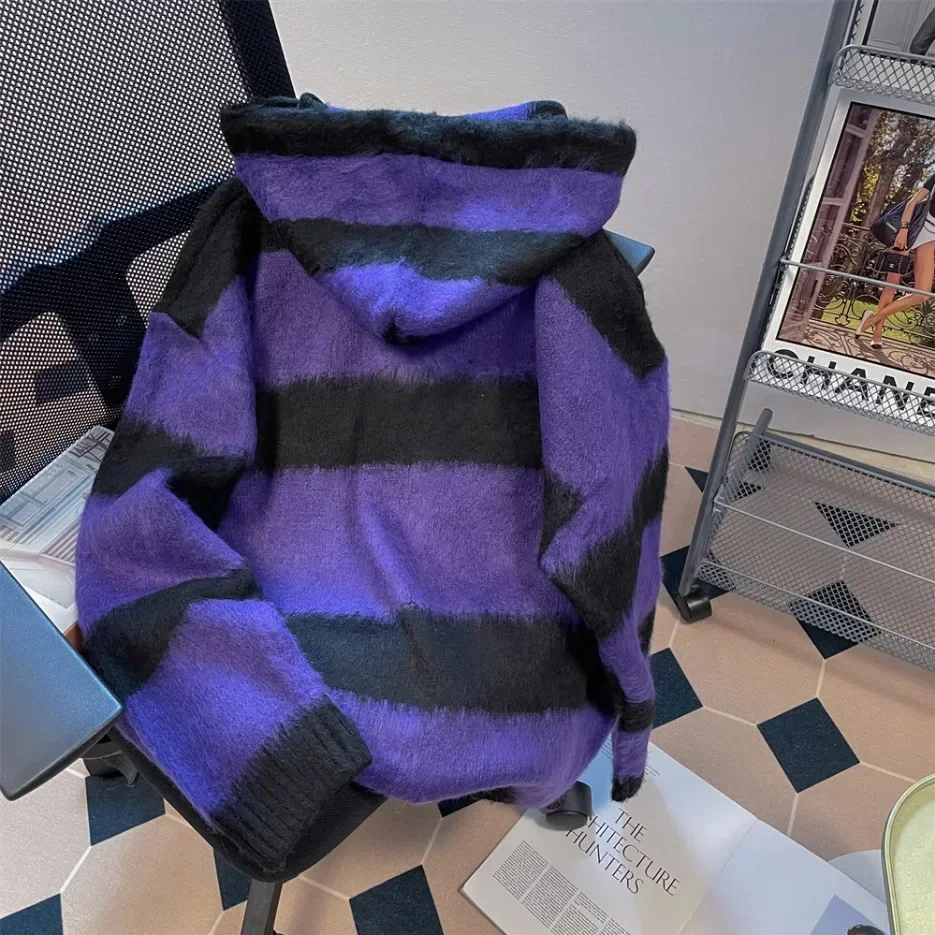 

Women's autumn and winter new loose lazy wind horn buckle sweater coat Korean retro purple striped hooded sweater