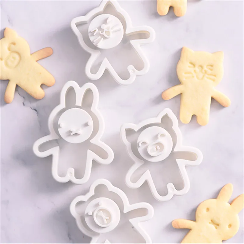 Cute Animal Biscuit Mold Bear Rabbit Cat Pig Shape Cookie Cutter Stamp 3D Hug Nut Fondant Cake Decoration Tools Kitchen Bakeware