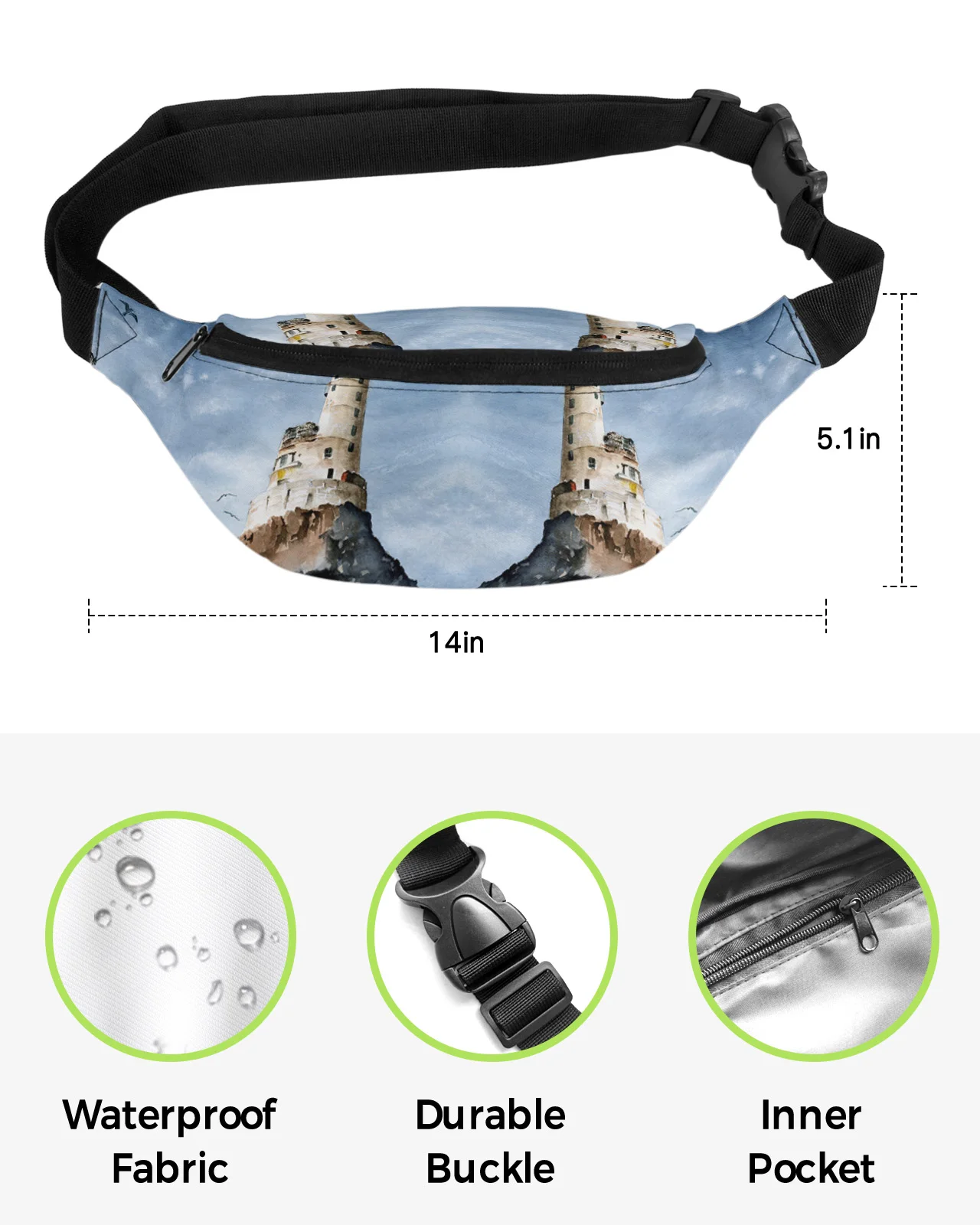 Lighthouse Island Vintage Watercolor Waist Packs for Women Waterproof Outdoor Sports Waist Bag Unisex Crossbody Shoulder Bag