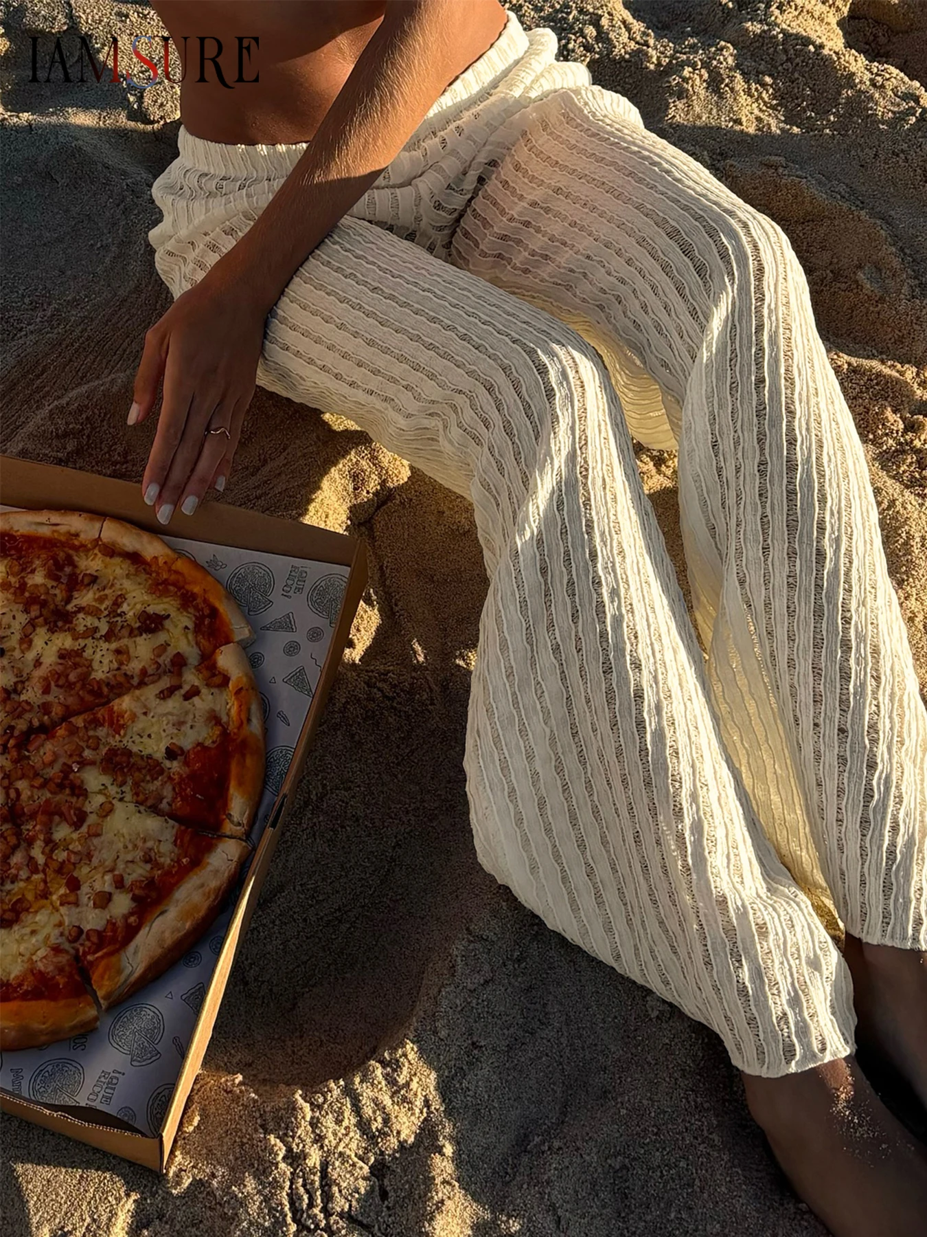 

IAMSURE Casual Solid Hollow Out Wide Leg Pants Beach Style Loose Mid-Waisted Straight Pants Women 2025 Autumn Spring Fashion