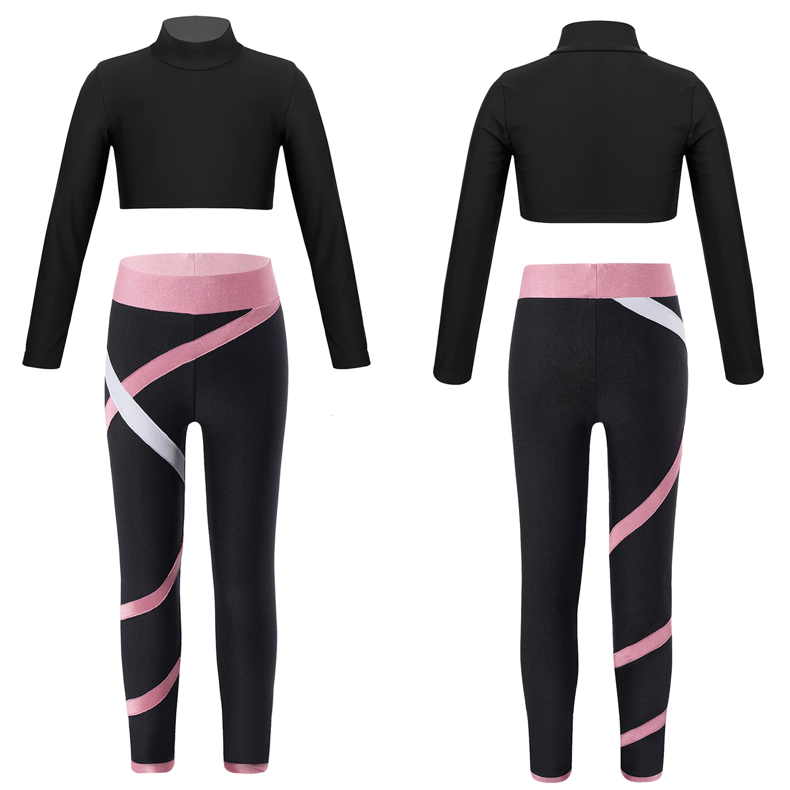 Kids Girls Sports Wear Long Sleeves Stretchy Skinny Crop Tops with Colorblock Leggings Set for Gym Yoga Figure Skating Workout