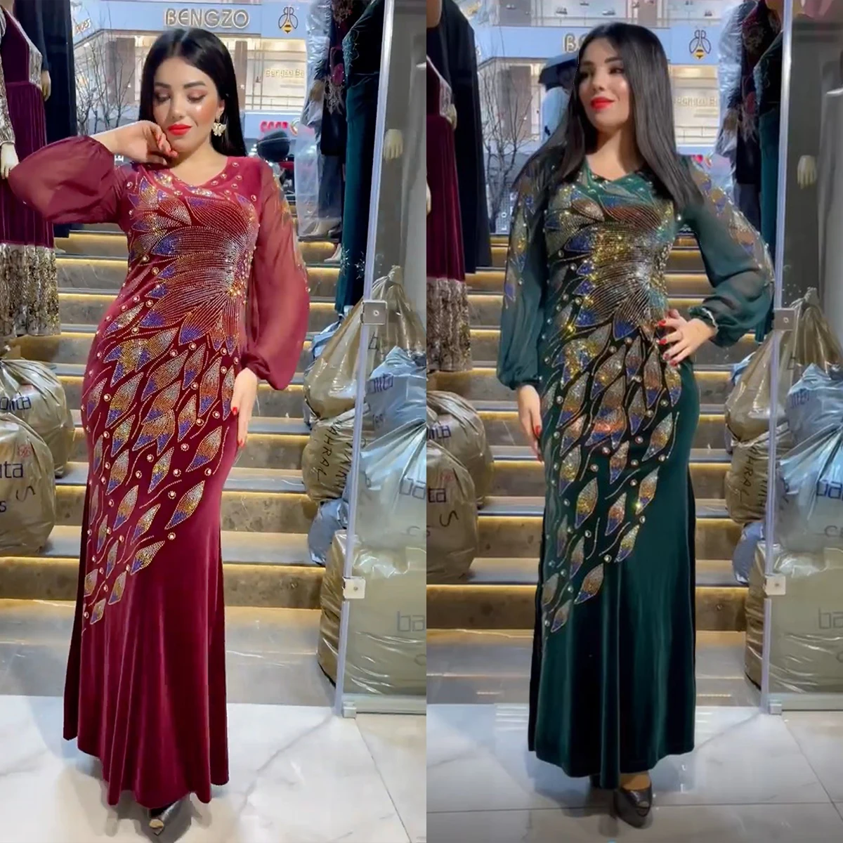 Muslim Noble Robes Can Be Customized Middle East High Quality Velvet Chiffon Sleeve Robes Diamond Dresses Muslim Ladies Dresses