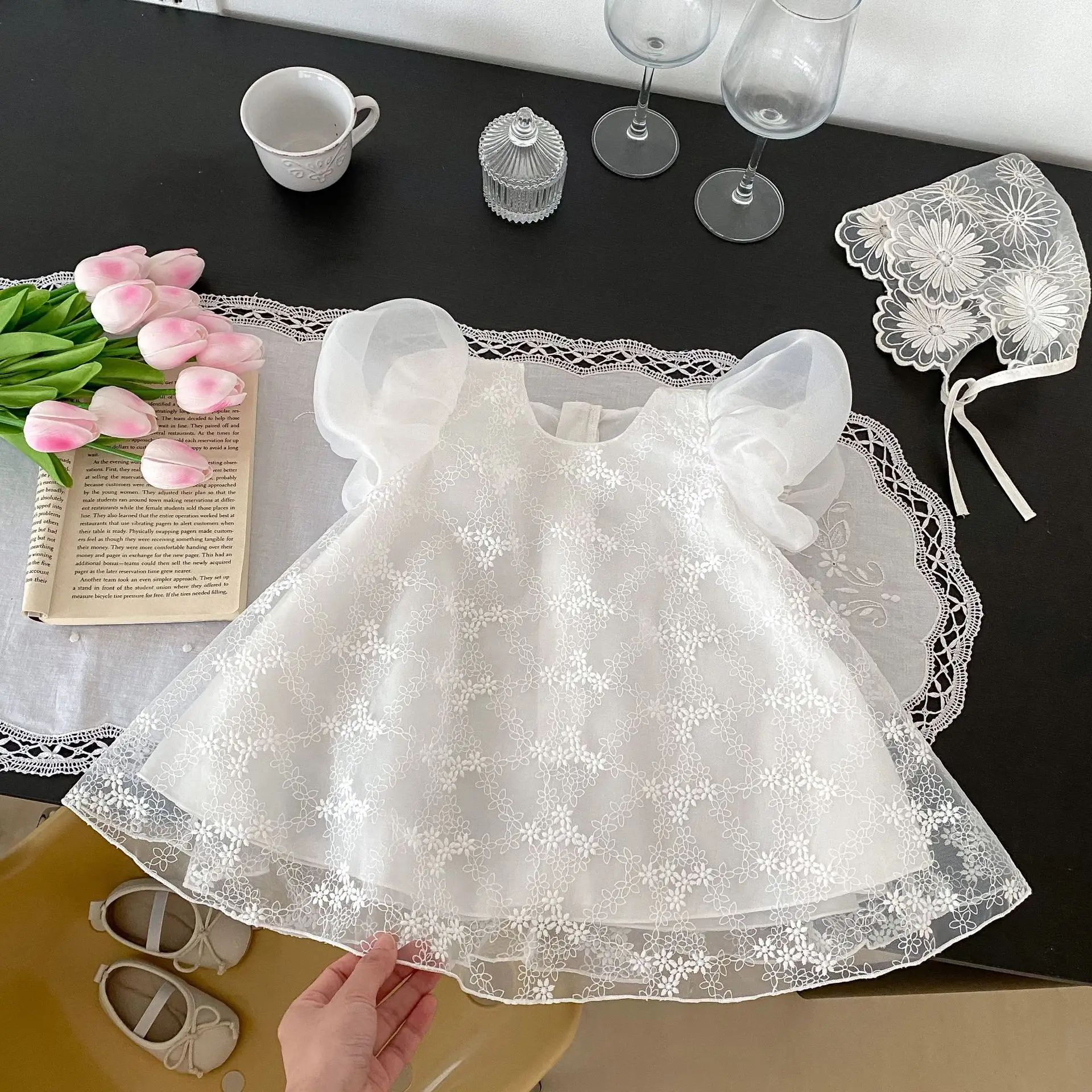 Ins Summer Style Girl Baby 0-4 Year Old Baby Princess Hundred Day Banquet Dress Bubble Short Sleeve Cotton Lace Skirt Dress