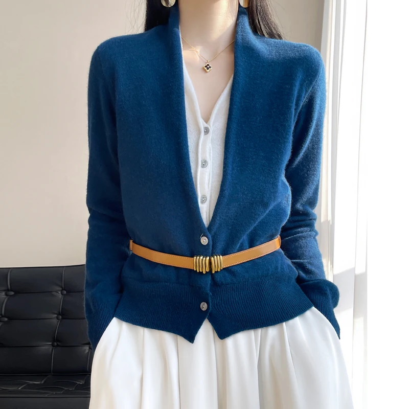 BELIARST 2023 Spring and Summer New Sweater 100% Pure Wool Knitted Fake Cardigan fFashion Korean Color Contrast Blouse