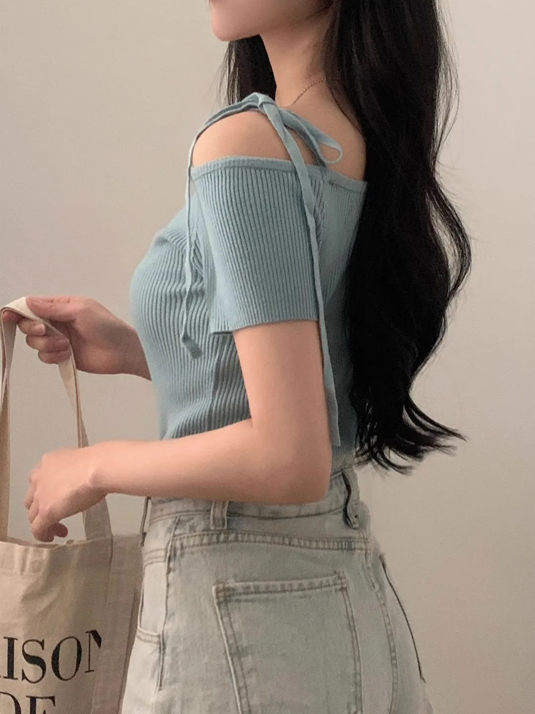 

Korean Sle ort Sve Knitted Top Women's Faionable Base Layer Versatile Tie Design Summer T-irt Commute Sle Pure C...