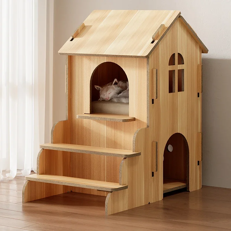 

Pet wooden cat house cat nest double layer