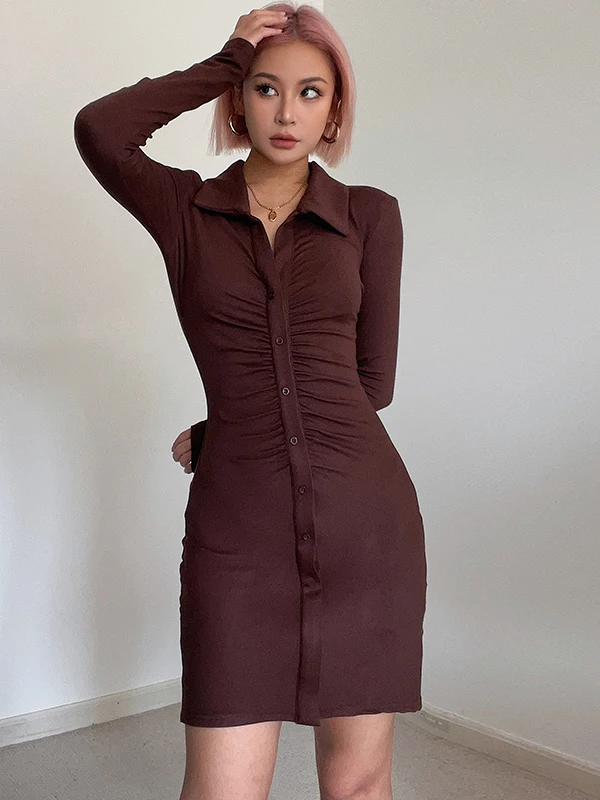 WOMENGAGA Solid Pleated POLO Collar Button Long Sleeve Mini Dress Elastic High Waist Slim Sweet Fashion Korean Women Top A8PM