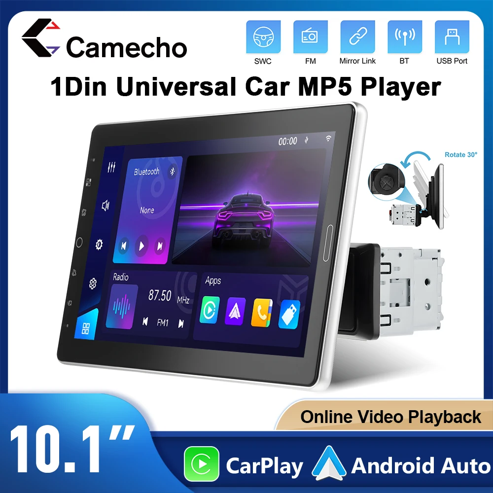 Camecho Autoradio 1 Din 10.1 ''Schermo IPS Lettore MP5 Audio Bluetooth Mirrorlink Wireless CarPlay Android Auto Riproduzione video online