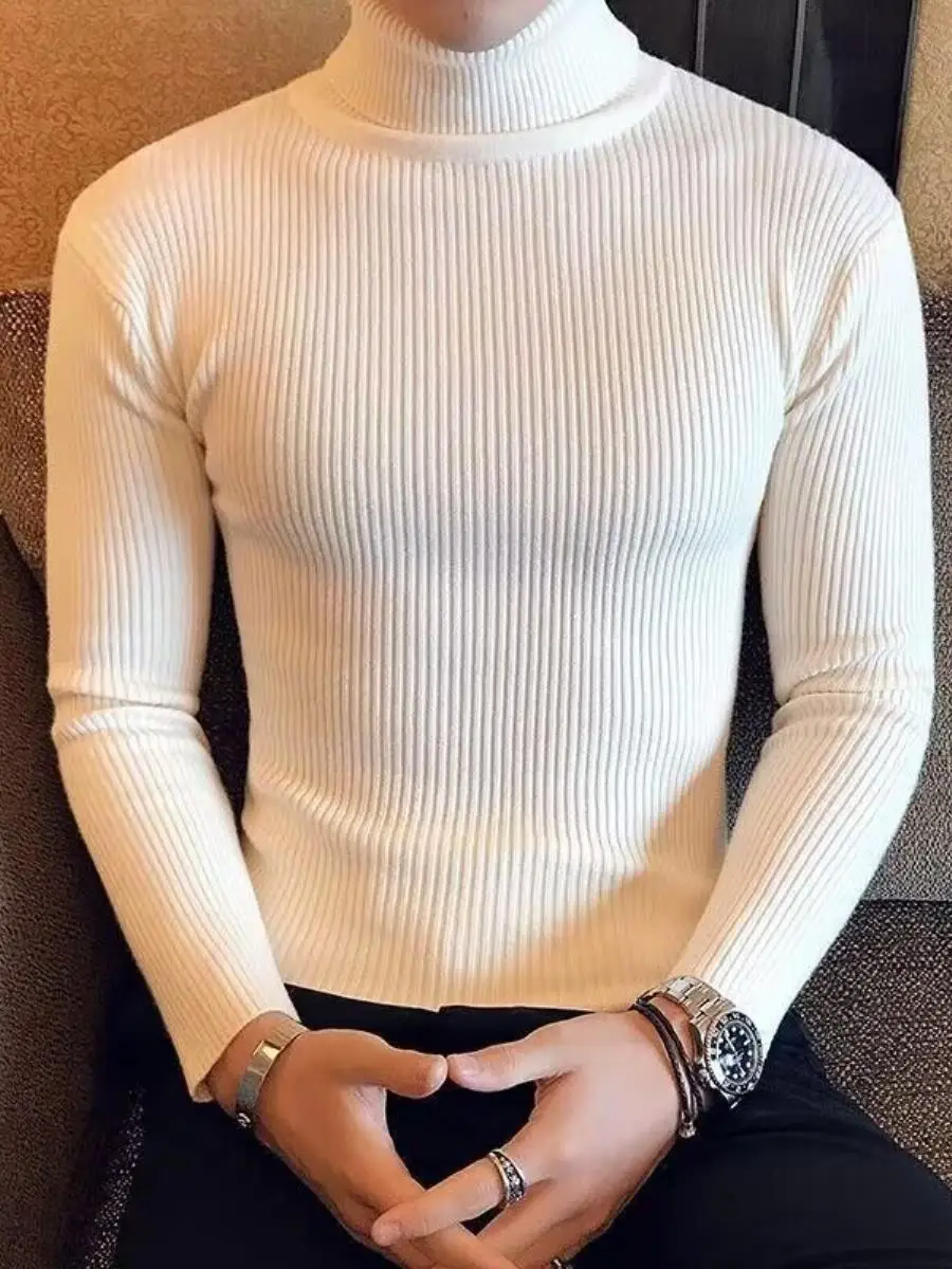 

Men's Slim Fit High Collar Knitted Sweater Fce Lined Thiened Base irt Faionable Color Autumn Winter Woolen Top