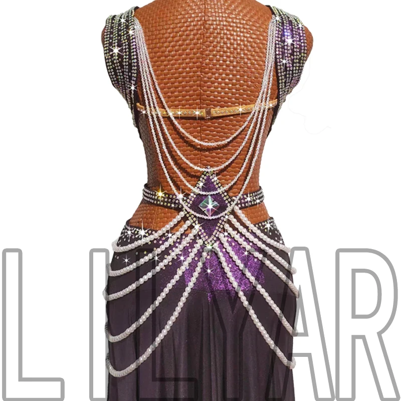 New Latin Dance Dress Competition Dress Costumes Skirt Performing Dress Rhinestones Adult Customize Children Purple Tassel Skirt