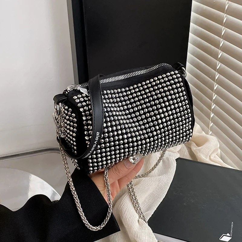 Women's Rhinestone Mini Handbag Black Sparkling Crystal Decor Cylinder Bags Solid Color Chain Strap Crossbody Phone Purse