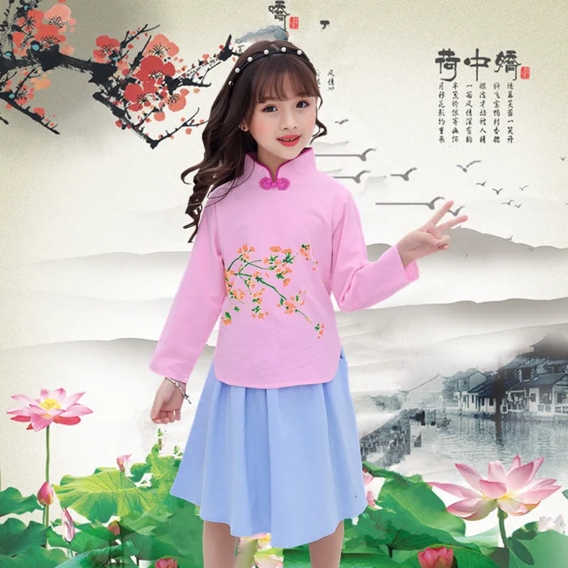 Girls Hanfu Improved Tang Suit Cotton Dress girl baby Retro Top Pant set of Chinese style Children's Clothing Ancient Rich Famil