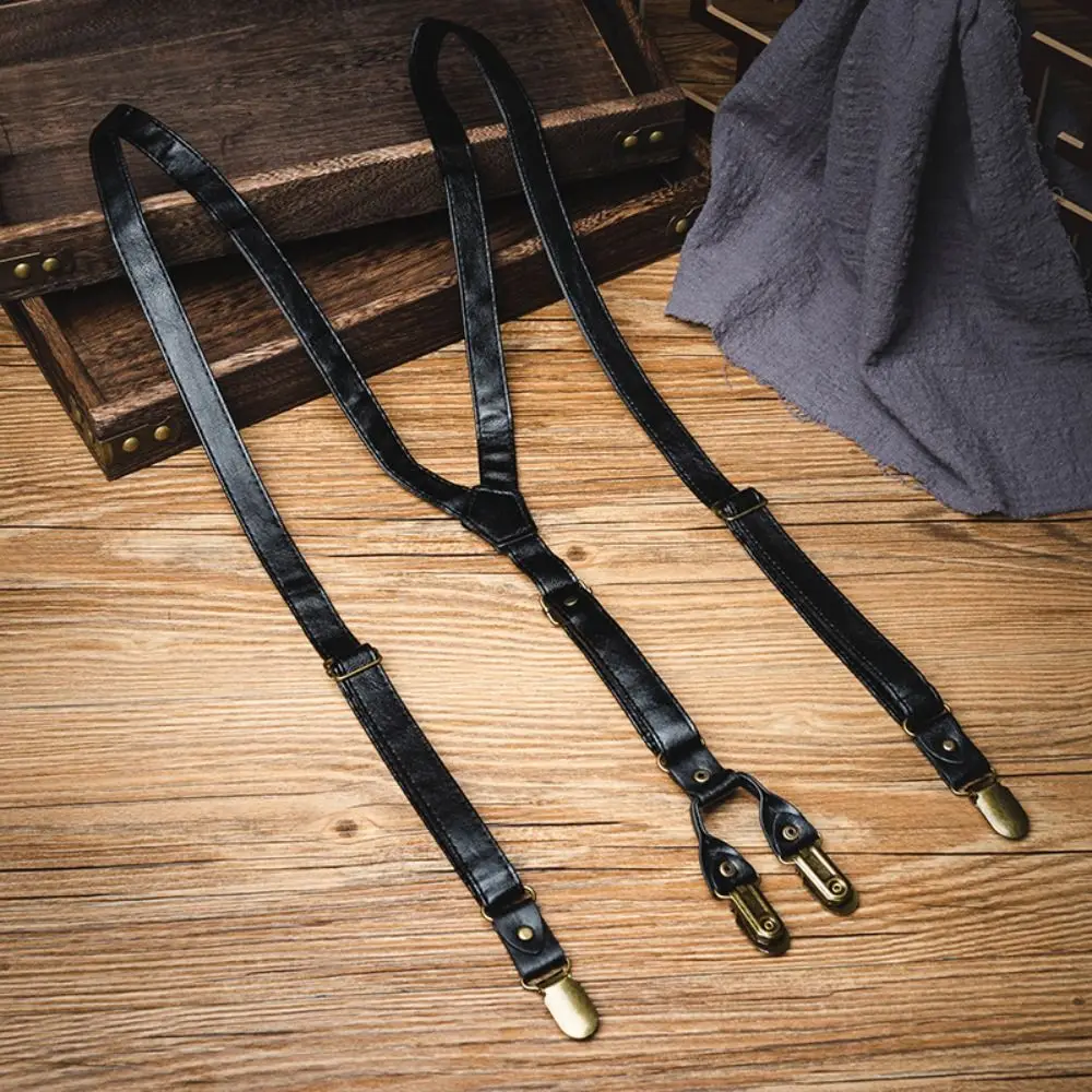 Simple Black Suspenders for Men Brown British Style Leather Suspenders Retro Anti-slip Suspender Clip Business