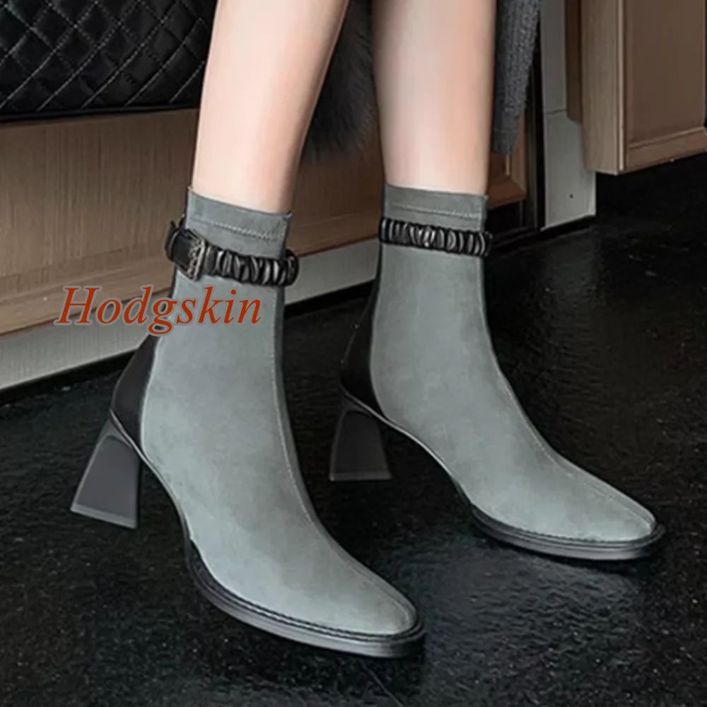 

Stretch Belt Buckle Rivet Chunky Heel Boots Back Zipper Mid Calf Round Toe Women Boots 2025 Newest Fashion Casual Autumn Boots