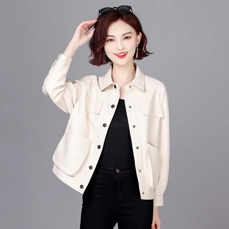 Autumn Winter Womens Leather Jacket 2023 Short Lapel Leather Jackets for Women Fashion Korean Loose Coat Single Breasted Jaqueta