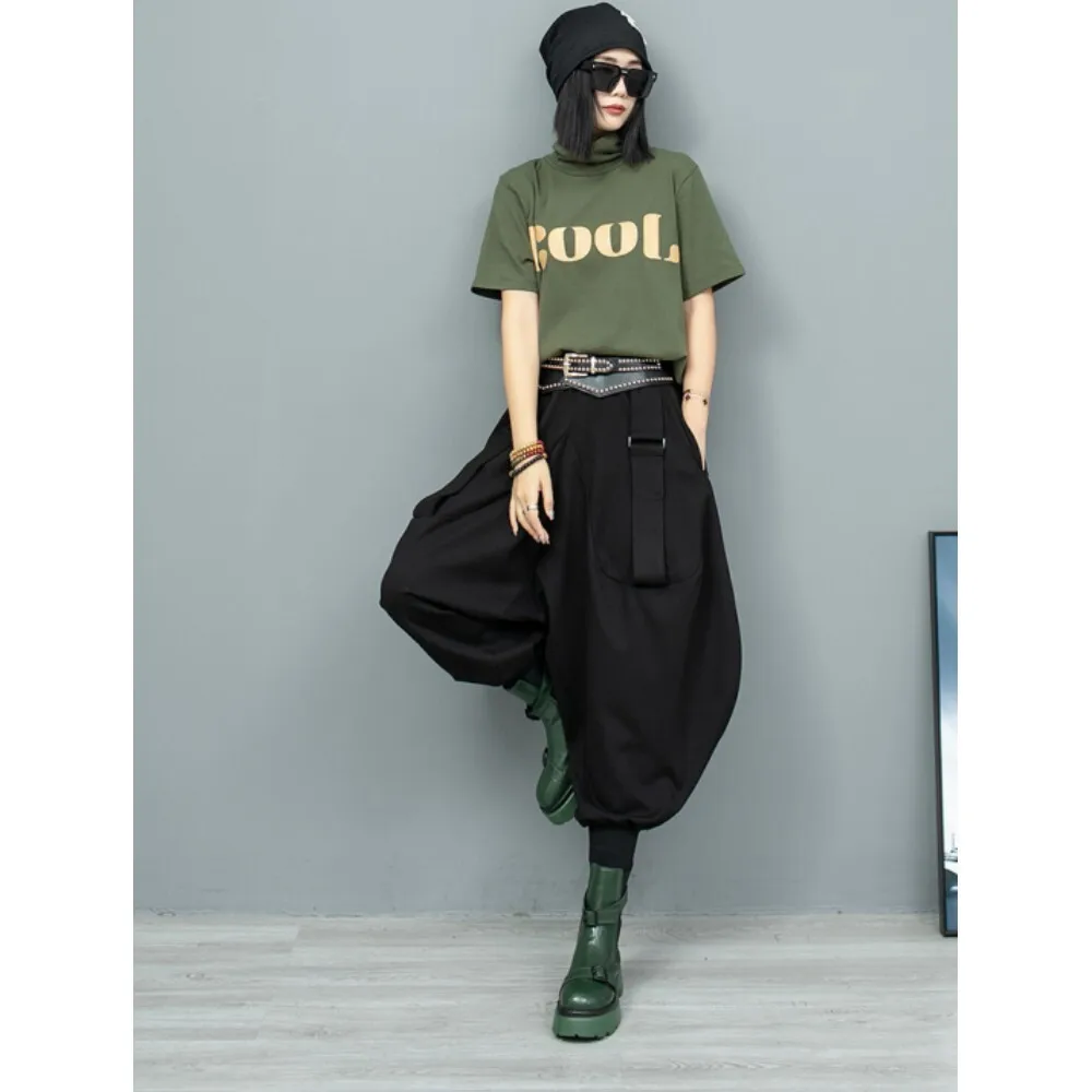 Trendy Fashion Pant Set Autumn Women Loose High Neck Thick Short Sleeved T-shirt + Lantern Pants Two Piece Set LX2066