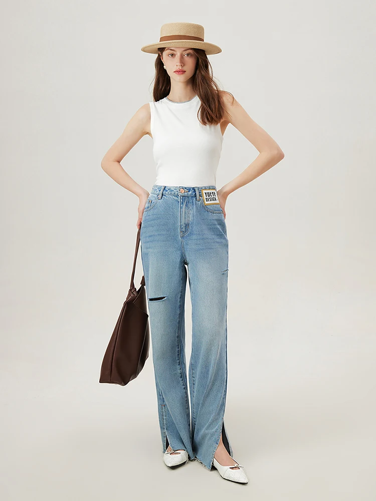 FSLE Women Ripped Straight Jean 2024 Summer Light Blue Full Length Jeans 100% Cotton Long Pants Foot Slit Trousers 24FS12477