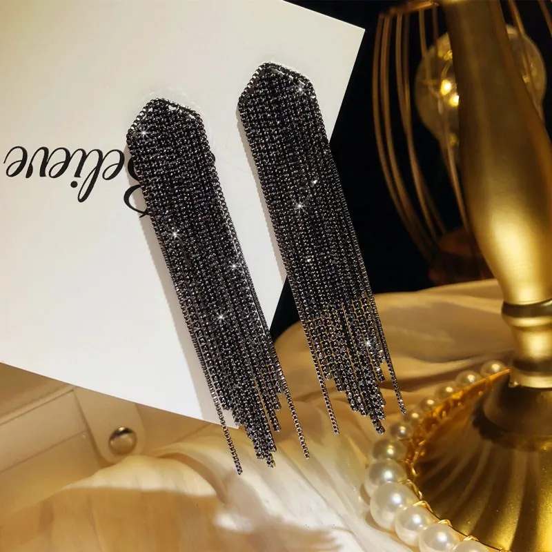 925 Needles Drop Earrings For Women Black Spinel Tassels Long Earring Cubic Zirconia Vintage Fine Jewelry Elegant Brincos