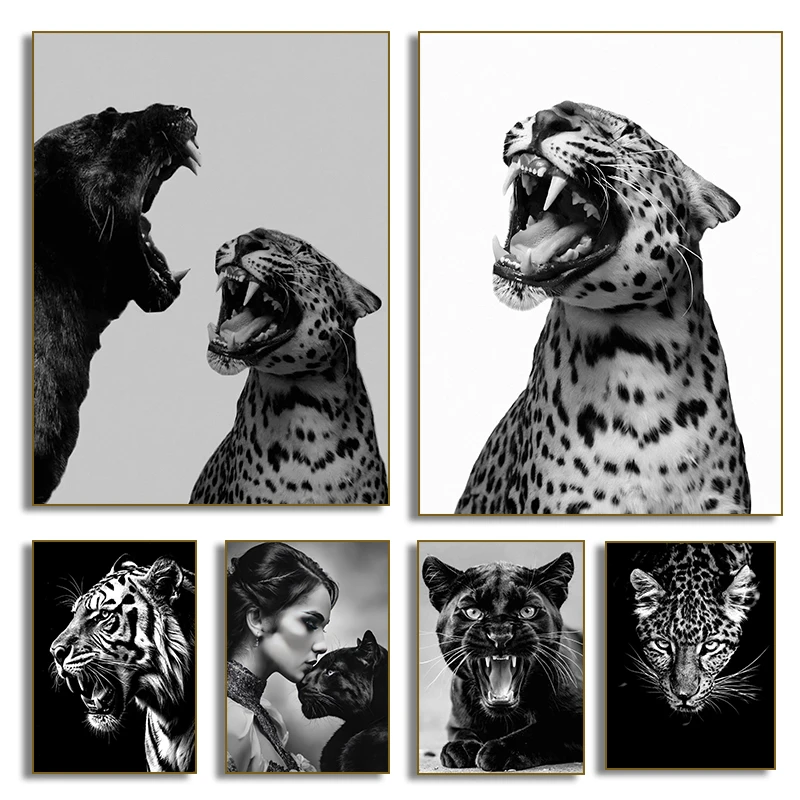 Black & White Tiger Panther Leopard Jaguar Roar Poster Canvas Painting Print Luxury Wall Art Picture Living Room Home Decor