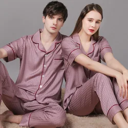 High Quality Couple Pajamas Suit Summer Short Sleeve Long Pant Home Cloth Men Ice Silk Thin Satin Large Size Sleepwear Set Women