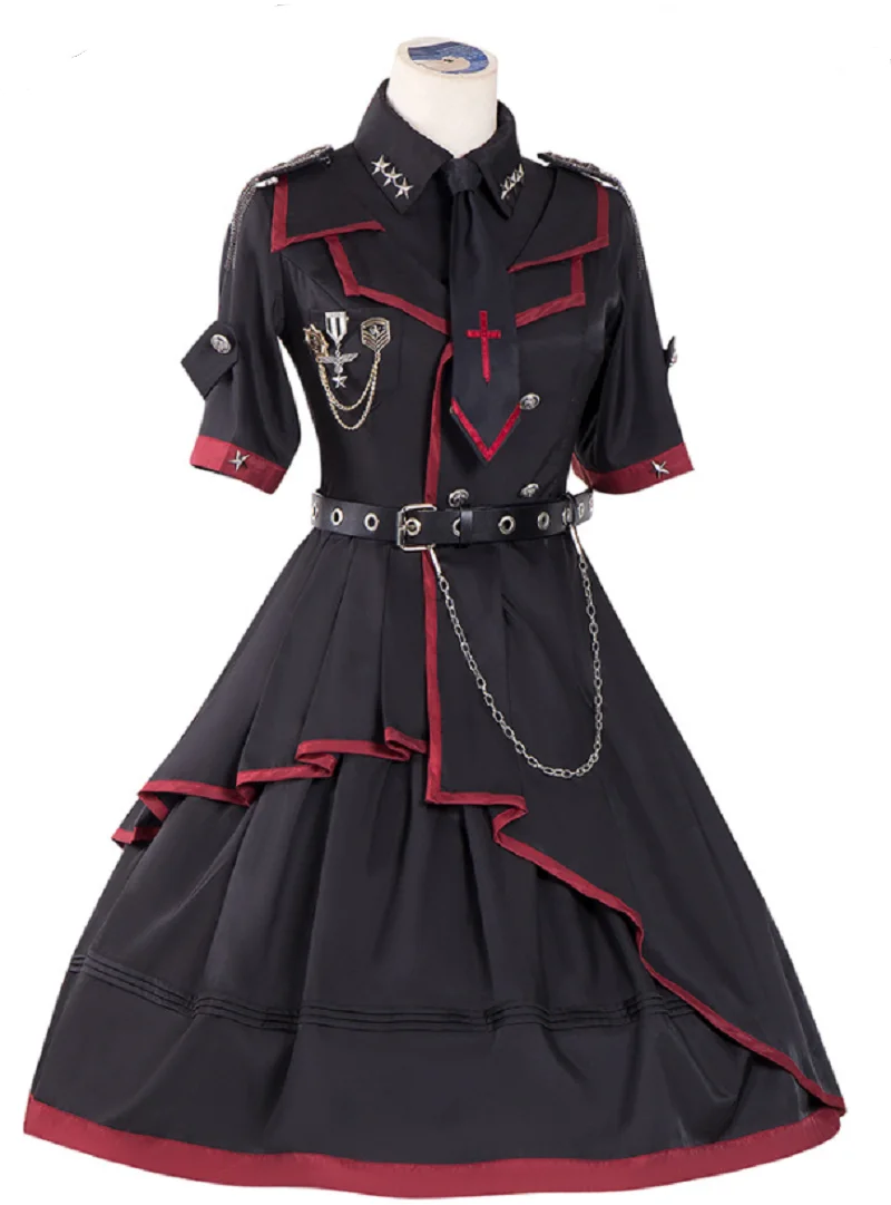 Cosplay Seragam Militer Warna Solid Gaun Lolita Lengan Pendek Punk Keren Setelan Karnaval Fantasi Dewasa