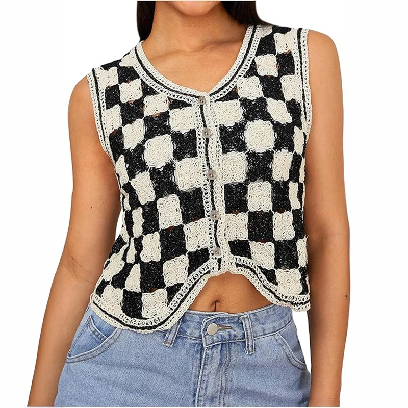 

Black and White Checkered Crochet Vest for Women Openwork Button Up Sleeveless Jacket Knit Waistcoat Summer Boho Vacation Outfit
