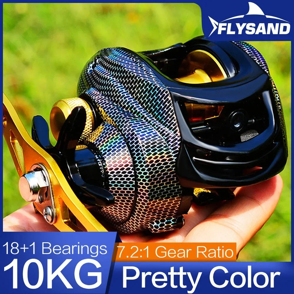 FLYSAND Fishing Reel Baitcast 18+1BB 7.2:1 Gear Ratio 10kg Max Drag Magnetic Brake Metal Spool Shallow Deep Line