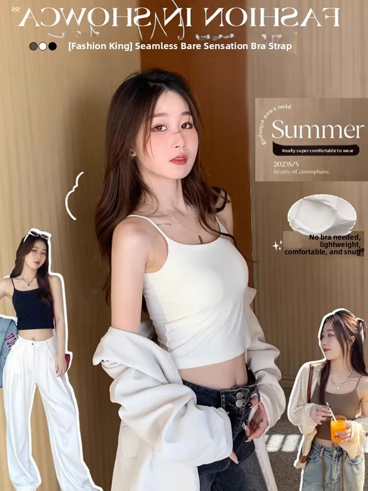 Modal Ice Silk Small Strap Vest Women Summer Outdoor Wear with Chest Pad Beautiful Back Bra Integrated Inner Match Base Top