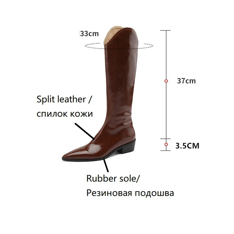 Autumn Women\'s Boots Split Leather Shoes for Women Pointed Toe Chunky Heel Boots Women Winter Knee High Boots Long Western Boots