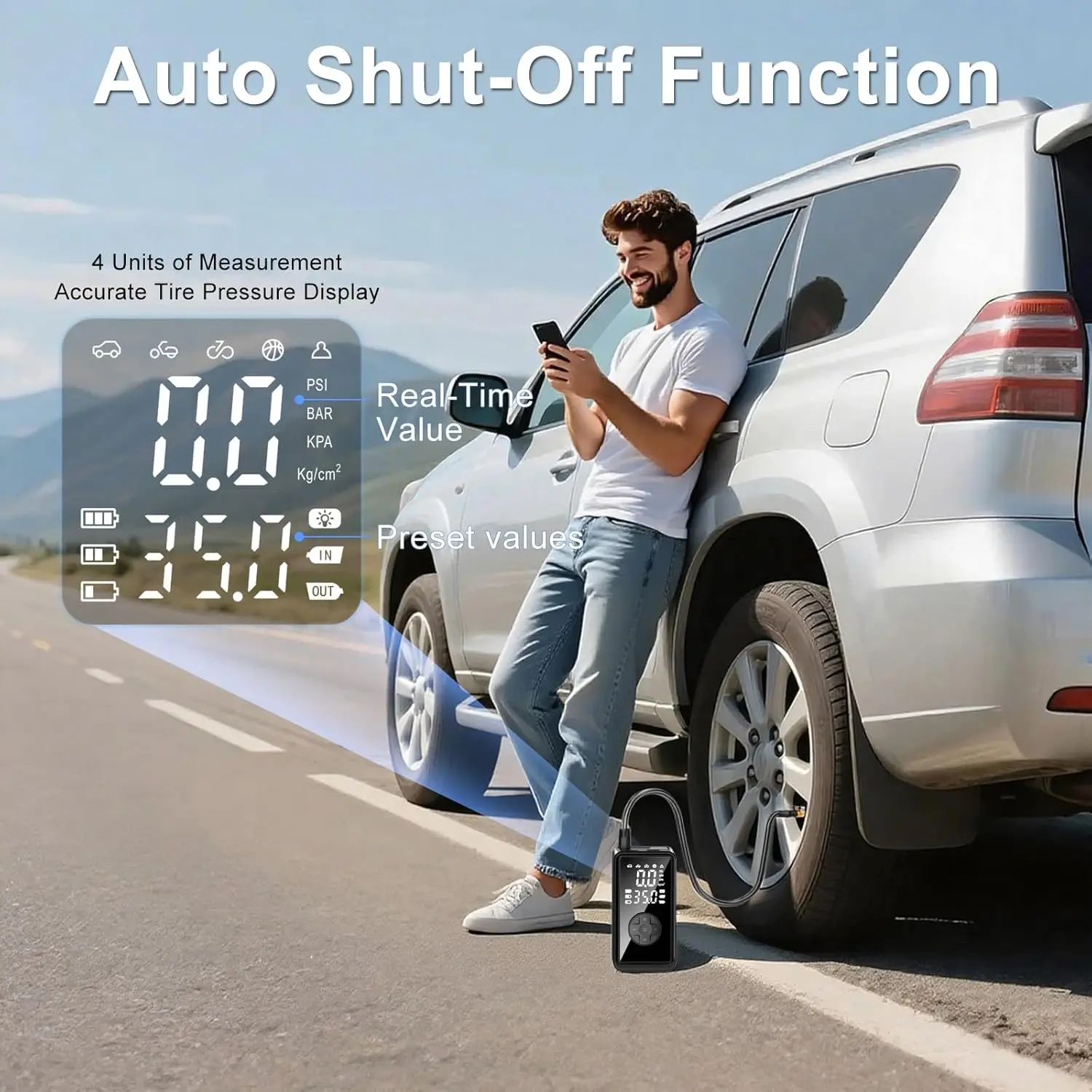 車、バイク、オートバイ用のLCDゲージ付きポータブルデジタルタイヤインフレーター - 高速充填