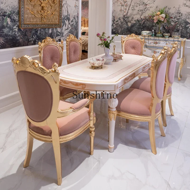 

French court style solid wood dining table and chair combination light luxury romantic style household oval FT