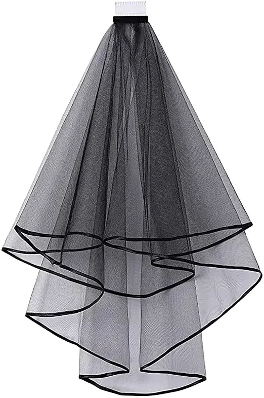 

Black Short Women’s 2 Tier with Comb Wedding Veil Tulle Fingertip Length Bridal Ribbon Edge Halloween