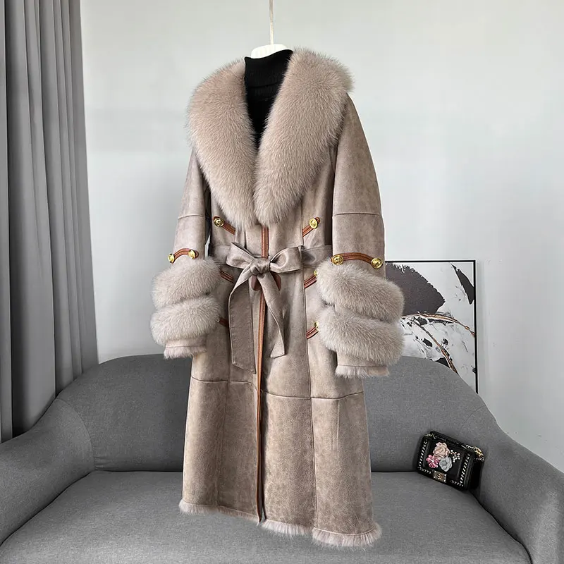 2022 New Genuine Leather Coat Long with Fox Fur Collar Cuffs Double Face Rabbit Fur Clothing Overcoat Winter Warm Luxury Button