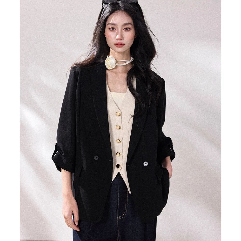 

Shengdu Black Lightweight Spring New Versatile Elegant OL Style Women's Suit Jacket Casual Top Polyester Fabric Regular Thick...