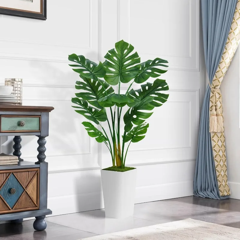 Monstera Deliciosa Plant 5FT - Faux Tropical Palm Tree with White Tall Planter - Fake Swiss Cheese Floor Plant Potted