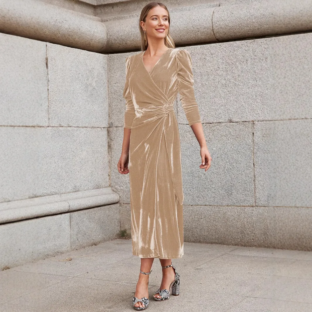 Vestido de noite de veludo estilo francês, vestido longo de baile, manga, decote em v, com faixa, elegante, formal, para festa, casamento, banquete ​