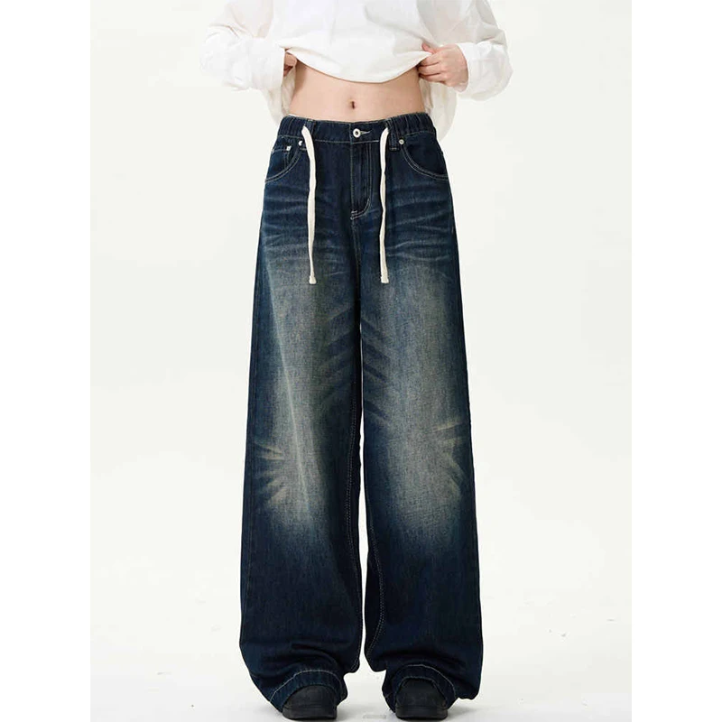 

Мужские джинсы в американском винтажном стиле, синие, с эластичным поясом на завязках, свободного прямого кроя, повседневные, широкие, свободные, унисекс