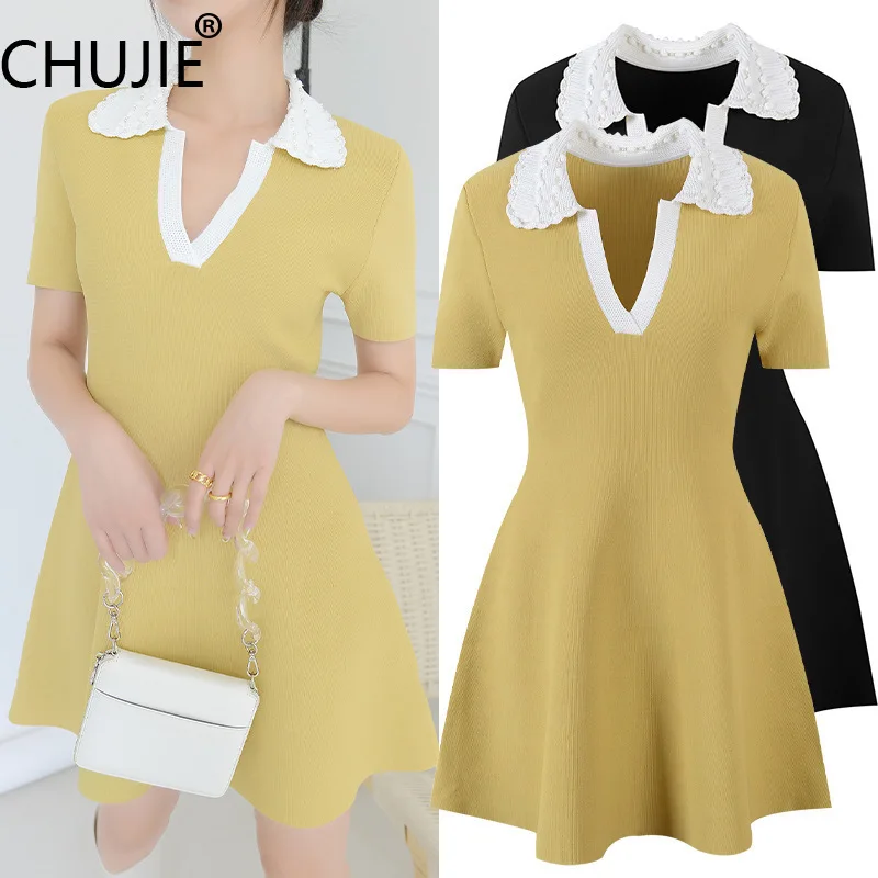 

CHUJIE 2025 Summer New French Knitted Dress Women Pearl Doll Collar V-Neck Short Sleeve Slim Waist A-Line Vacation Commute