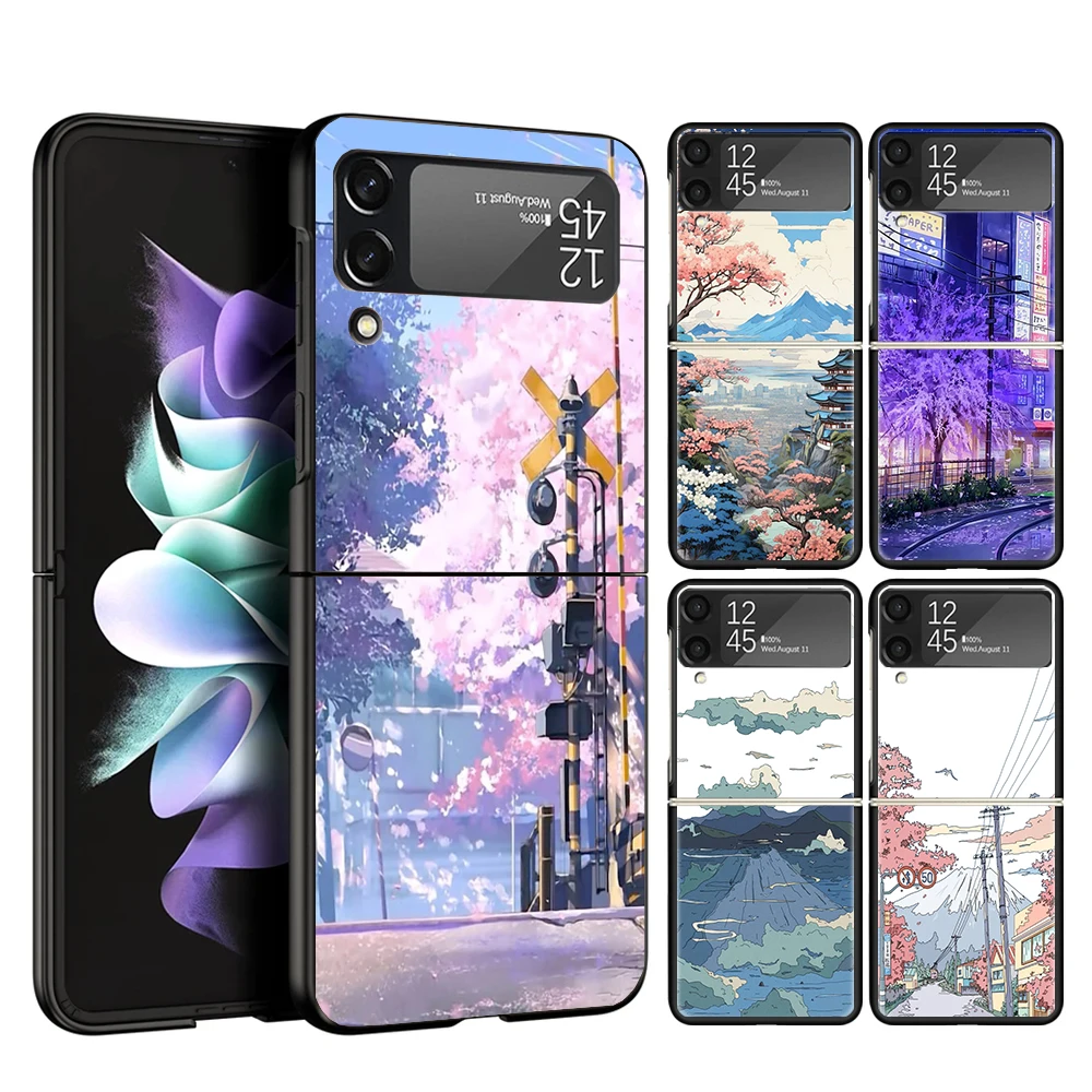 Funda de teléfono con paisaje estético de Anime, carcasa dura negra para Samsung Galaxy Z Flip 6 5 4 3 5G Flip6 Flip5 Flip4 Flip3