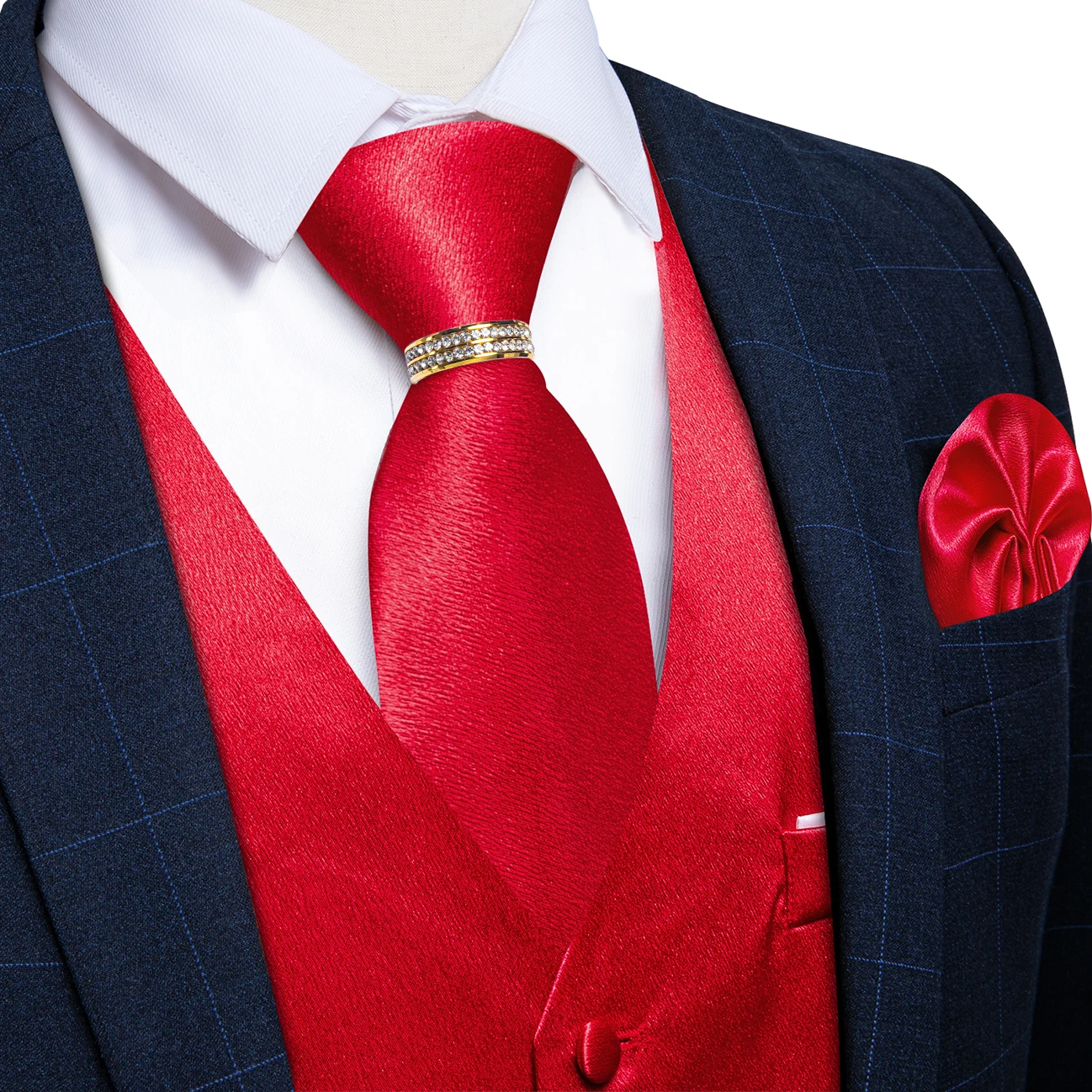 Bright Red Solid V-Neck Waistcoat Matching Kit Tie Square Cufflinks Shiny Ring For Groom Anniversary Dinner